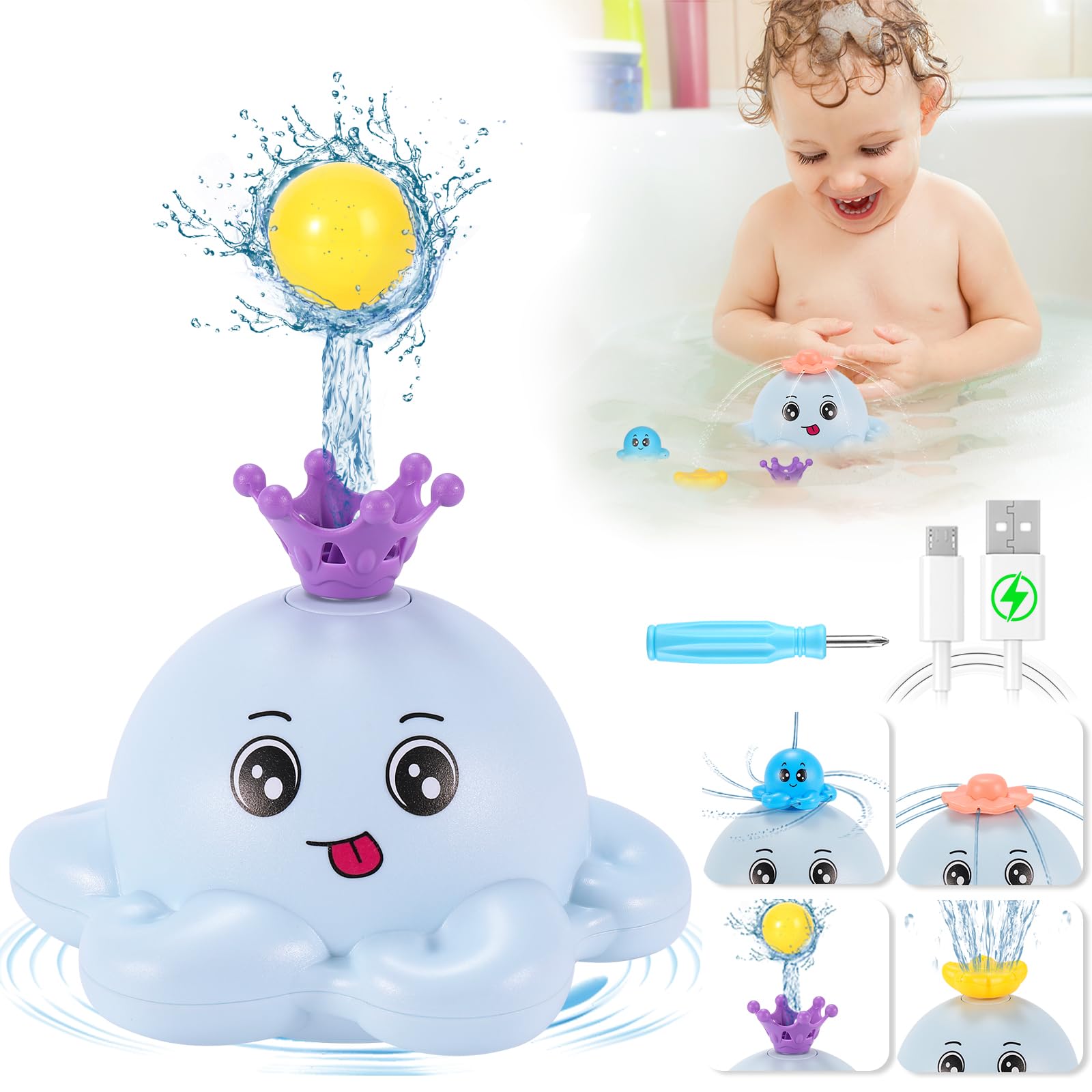 Octopus Bath Toys Rechargeable Kids With 4 Modes-Blue - Gigilli