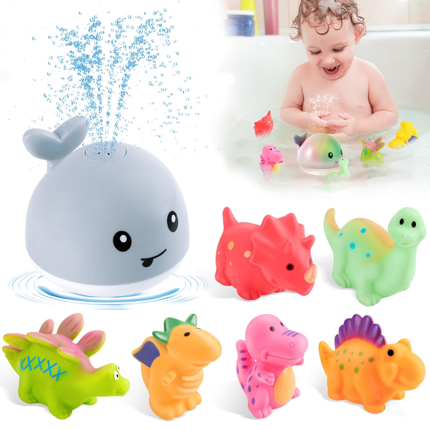 Whale Bath Toy with 4 Modes Dinosaur Bath Toys-Grey - Gigilli